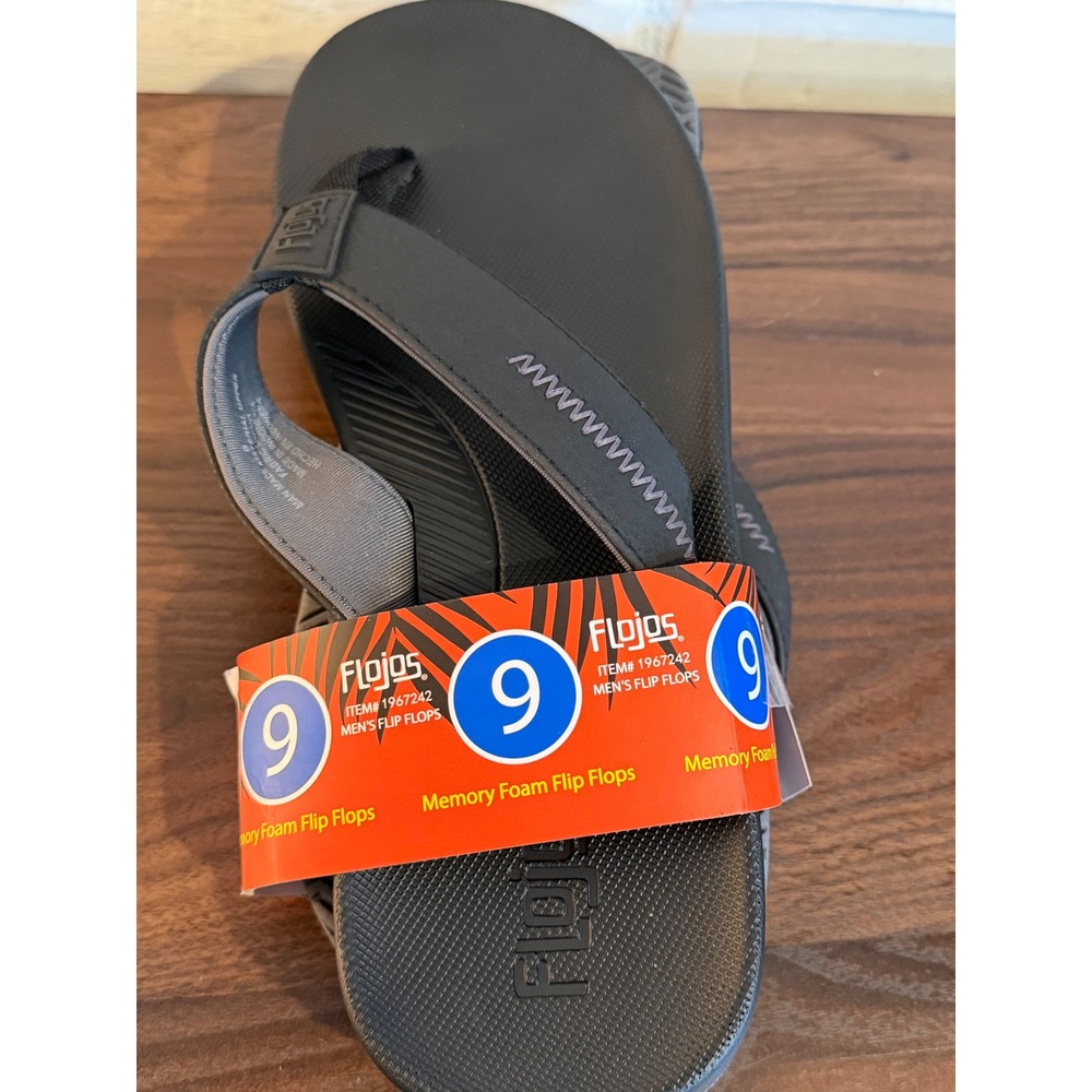 Flojos Mens Memory Foam Flip Flop Black Sandals •9• Summer Beach Poolside Travel
